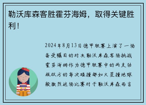勒沃库森客胜霍芬海姆，取得关键胜利！